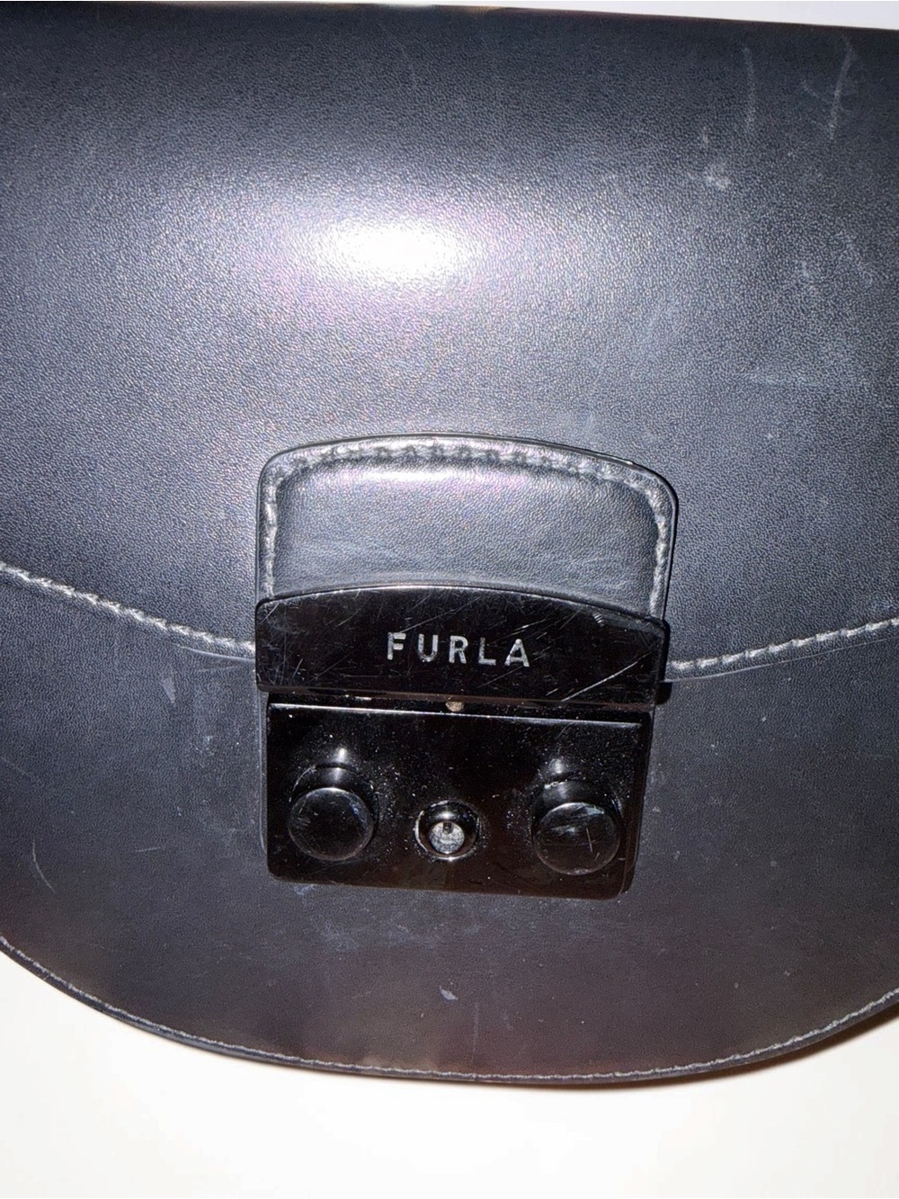 Furla Black Leather Half-Moon Crossbody with Gold Chain - Picture 6 of 10